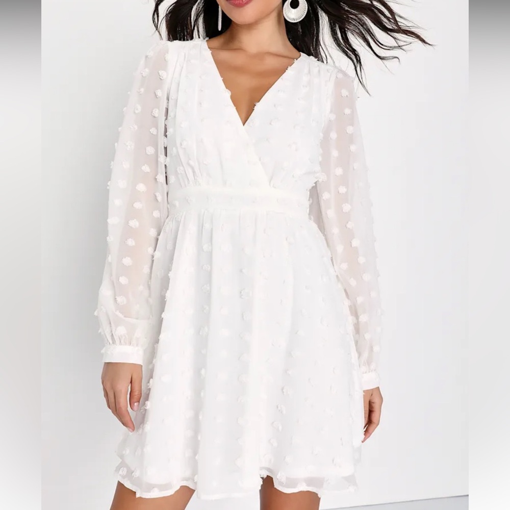 Lulus White Polka Dot Long Sleeve Wrap Dress